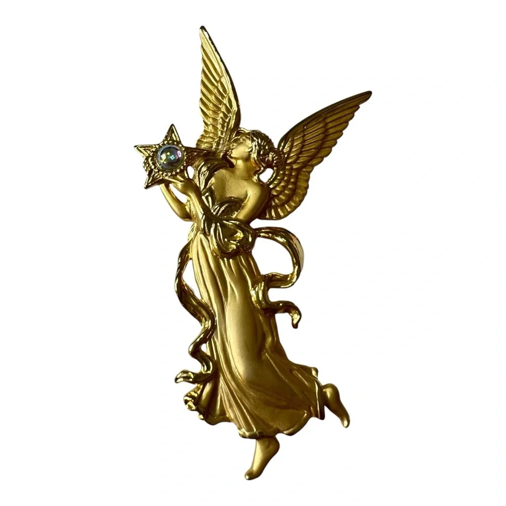JJ Jonette Vintage Gold Tone Angel With Star and Faux Moonstone Brooch Pin